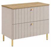 3E 3xE living.com 3xE living Badkamermeubel Staand onder Wastafel 80 cm, 2 Lades, Kasjmier + Blad Licht Eiken, Gouden Grepen, Gouden Poten, 80 x 44,4 x 73,6 cm