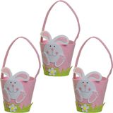 Decoris Paasmandjes met Paashaas - 3x - vilt - roze - D15 x H31 cm