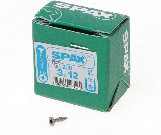 Spax Spaanplaatschroef platverzonken kop RVS T-Star T10 voldraad 3.0 x 12mm (Prijs per 200 stuks