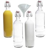 Viva Haushaltswaren 4 glazen flessen 1 l met draaitop om zelf te vullen, incl. witte vultrechter, diameter 12 cm