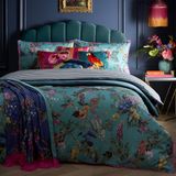 Laurence Llewelyn-Bowen Groenblauw dekbedovertrek met bloemen en trellis - Super kingsize beddengoed (260 x 220 cm) - Omkeerbare ontwerpen - Zacht 100% katoen - Draaddichtheid 200 - Luxe