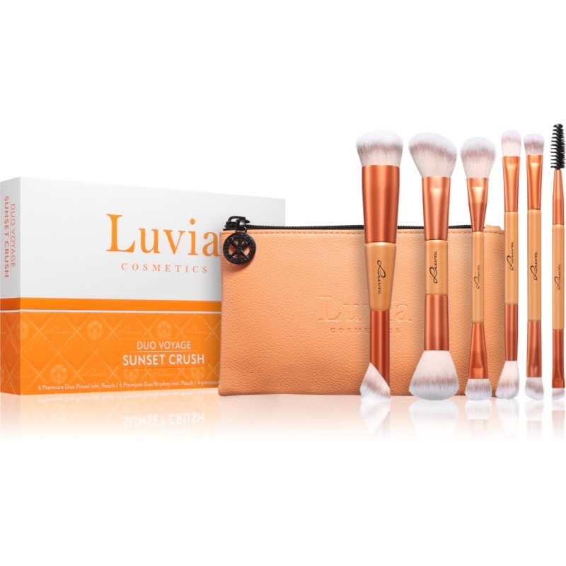 Luvia Cosmetics Luvia Duo Voyage Lot de 7 pinceaux de maquillage de voyage avec 6 pinceaux duo et sac | Pinceaux cosmétiques végétaliens pour visage et yeux | Compact pour les voyages et les déplacements – Orange