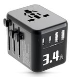 Alyvisun Universele Reisstekker, Wereldwijde Reisadapter met 2 USB-C en 2 USB-A Poorten, 5V 3.4A/17W Internationale Stopcontactadapter