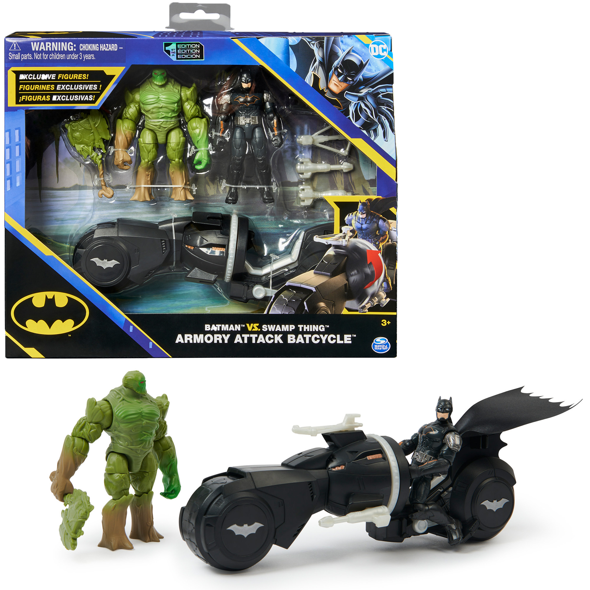 Spin Master Batman DC Comics Batman - Batman versus Swamp Thing Armory Attack Batcycle-set - unieke Armored Batman- en Swamp Thing-actiefiguren met accessoires