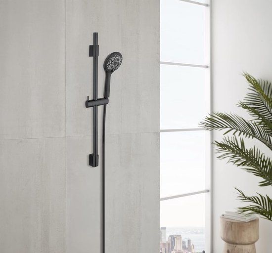 Merkloos WENKO Doucheset Watersaving, douchestang van hoogwaardig roestvrij staal, eco-douchekop met 3 stralen en doucheslang, geschikt voor doorstroomgeisers, universele aansluiting ½", 70 cm, zwart