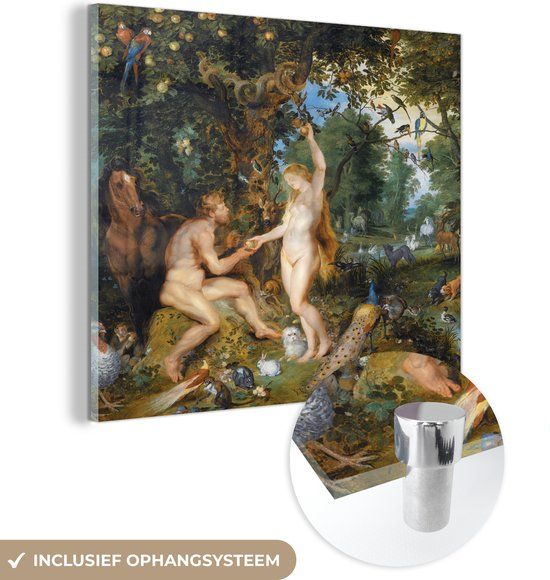 MuchoWow® Glasschilderij 90x90 cm - Het aardse paradijs met de zondeval van Adam en Eva - Schilderij van Peter Paul Rubens - Foto op glas