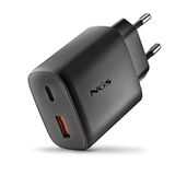 NGS ERA 45W Black - GAN oplader 45 W met USB-C (PD & PPS) en USB-A Quick Charge 3.0, Dual-Port, Intelligent snel Opladen, Compact en Draagbaar, Compatibel met Smartphones, Tablets en Laptops