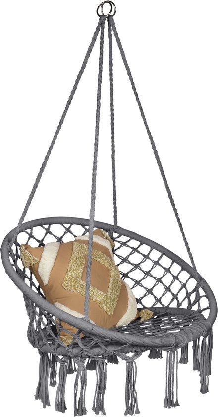 QUVIO Hangstoel voor buiten - Touw met houten stang - 68 x 80 x 115 cm - Max. 150 kg - Voor binnen en tuin - Exclusief kussen - Lichtgrijs
