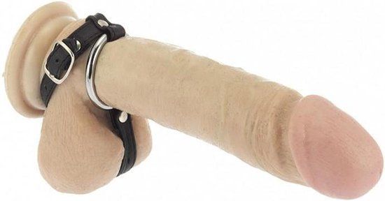 Rimba - Luxe Leren Cock Strap met Metalen Cockring en Ballenspreider - Zwart