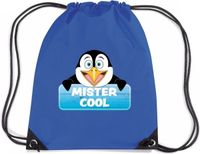 Bellatio Decorations Mister Cool pinguin rijgkoord rugtas / gymtas - blauw - 11 liter - voor kinderen