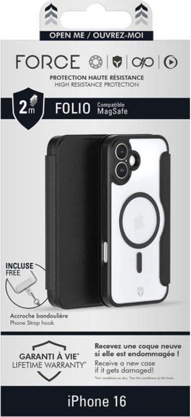 Force Case iPhone 16 Hoesje - Versterkt Folio, Zwart