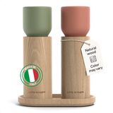 LARS NYSØM houten peper- en zoutmolenset met dienblad – Handmatige molens met verstelbare keramische maalwerken – Elegante beukenhouten set voor keuken of tafel (Brick Red/Sage Green)