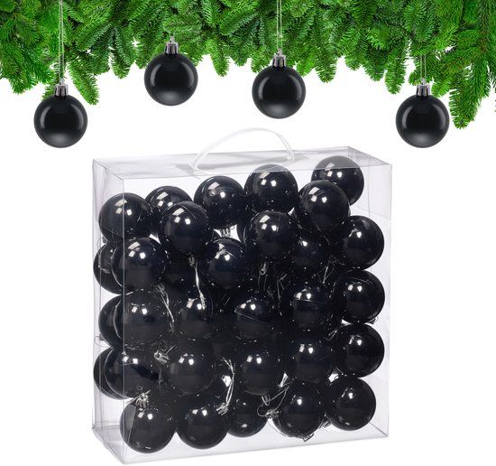Relaxdays Kerstballen set van 50 - Ø 6 cm - glanzend - kunststof - zwart