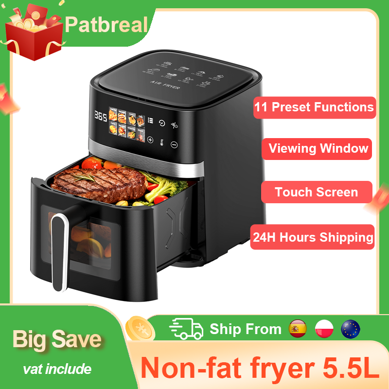 Patbrela Proline Slimme luchtfriteuse 5,5 liter Niet-vet friteuse 1350 W 8 kookmodi 80-200 ° C Bak-, braad-, elektrische heteluchtfriteuse-oven met touchscreen
