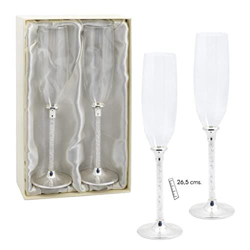 DRW Champagneglazen van glas met zilveren bodem met kristallen, 27 x 7 cm