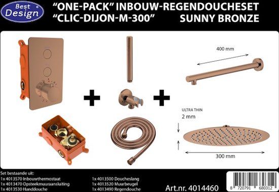 Best Design "Clic-Dijon-M-300" Inbouw Regendoucheset - Thermostatisch - Sunny Bronze