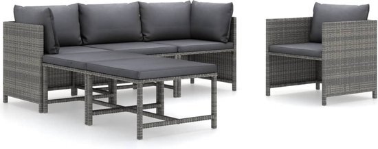 vidaXL 6-delige Loungeset met kussens poly rattan grijs