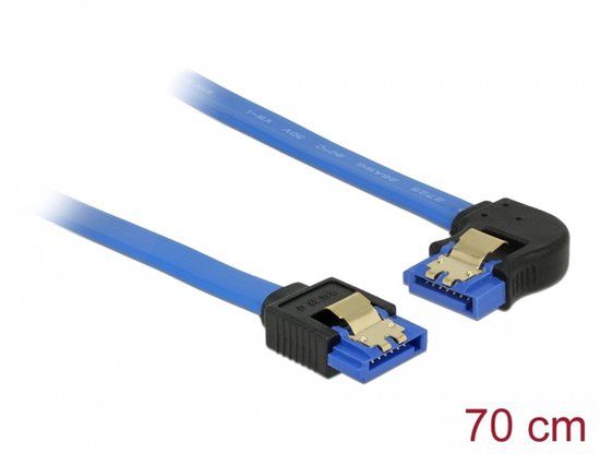 Delock Cable SATA 6 Gb/s receptacle straight > SATA receptacle left angled 70 cm blue with gold clips