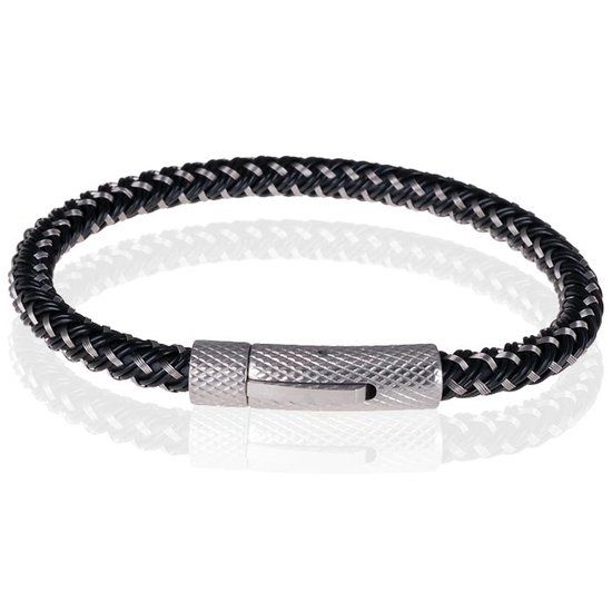 TJ Tom Jaxon Tom Jaxon Heren armband geweven leer met Edelstaal Zilverkleurig Zwart-19cm