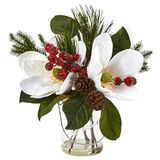 Bijna Natuurlijke Magnolia, Pine en Berry Vakantiearrangement in Glazen Vaas, Wit, 14,25" x 7,25" x 8,25"