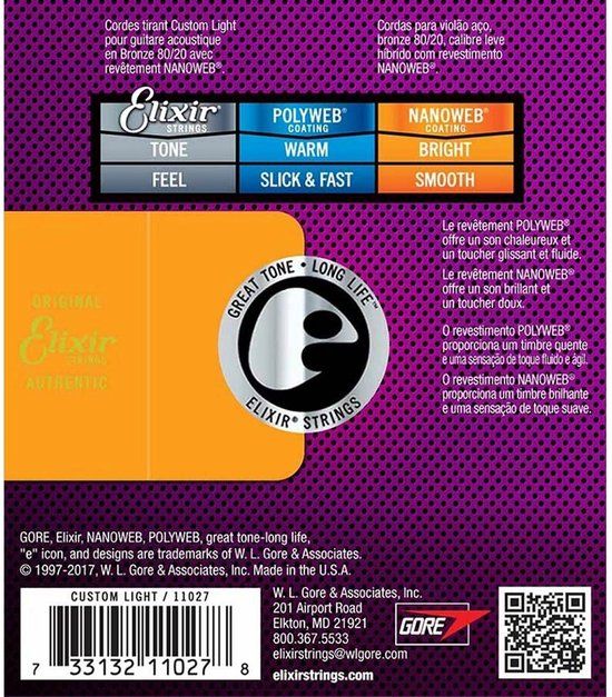 Elixir EL-11027 snarenset acoustic coated 80/20 bronze, custom light, 011-015-022-032-042-052