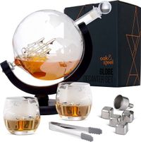 Oak & Steel Globe Whisky Karaf, Whiskey Decanter (XL 1500ml) met 2 Whisky Glazen, 4 Roestvrijstalen Whiskystenen, 1 Ijstang & Meer