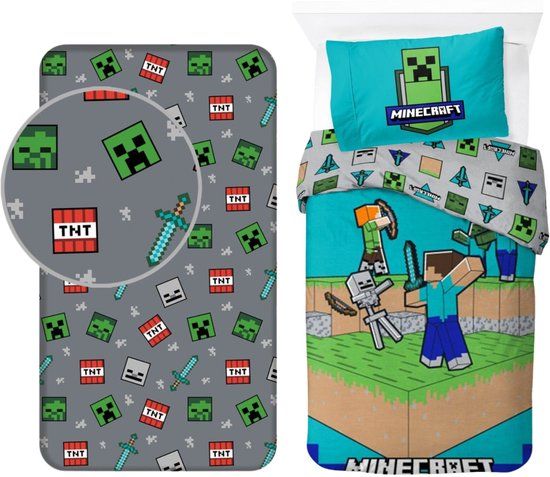 4KidsOnly Minecraft Dekbedovertrek + Hoeslaken Eenpersoons Katoen 140x200 cm