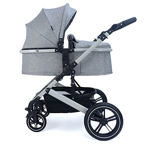 PIXINI Neyla combi kinderwagen met stoffen kuip, buggy, luiertas, drankhouder, regenzeil, muggennet, aankleedkussen (grijs/grijs)