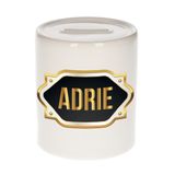 Bellatio Decorations Spaarpot met voornaam Adrie - wit - met goud/zwart embleem - 8 x 9 cm - keramiek - met afsluitdop - cadeau verjaardag