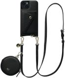 AVY Leren Hoesje geschikt voor Apple iPhone 14 / 13 | Met Koord, Wallet en Pouch | Compatibel met MagSafe | Leather Case met 130CM Koord | Long Leather | Zwart