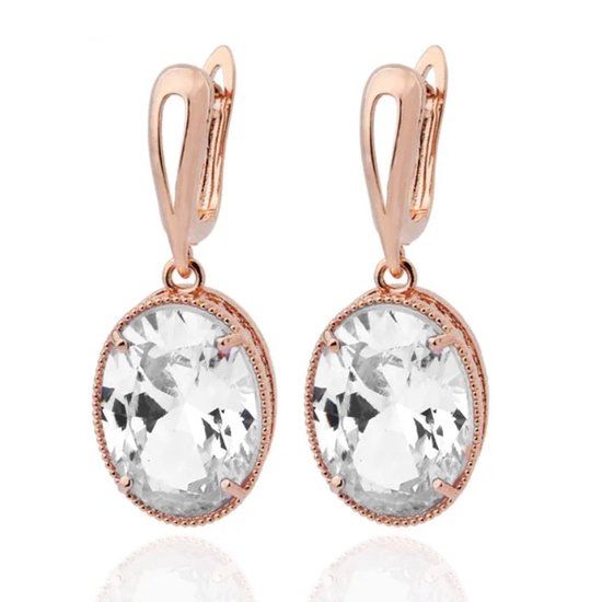 Deja Jewels Oorbellen met Ovale Glassteen Hangers - Dames, Rosegoudkleurige Afwerking, Transparante Glassteen