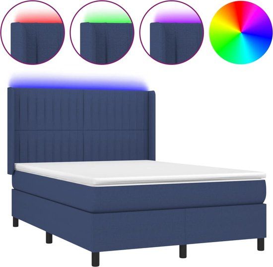 vidaXL Boxspring met matras en LED stof blauw 140x190 cm