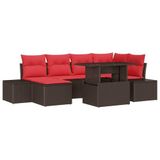 vidaXL Tuinbank Set 7-delig Bruin en Rood Polyrattan