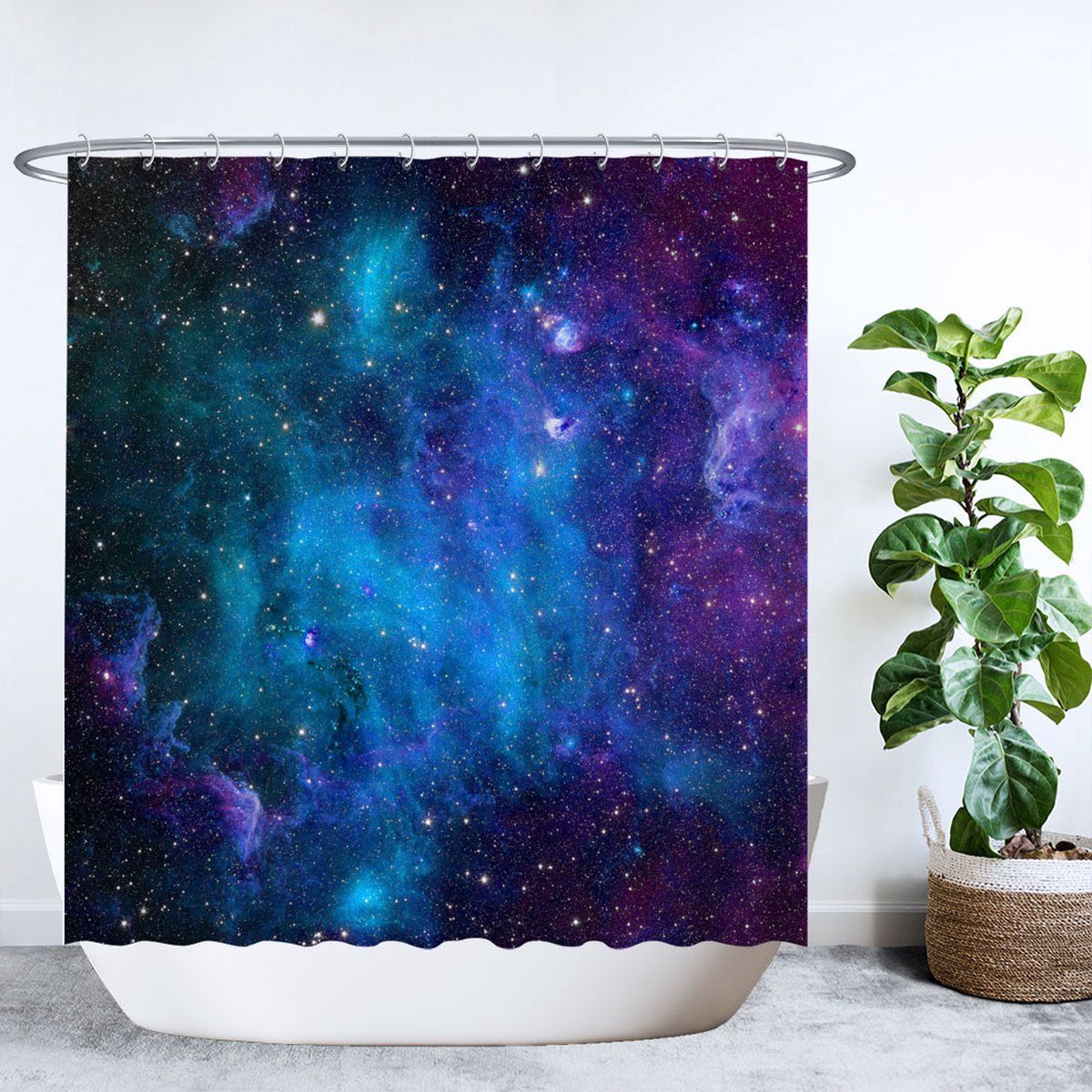 Ulticool Douchegordijn - Natuur Galaxy Heelal Planeten Zonnestelsel - 180 x 200 cm - Polyester - Blauw/Paars/Lichtblauw - met 12 ringen