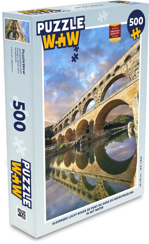 MuchoWow Puzzel Kleurrijke lucht boven de Pont du Gard en weerspiegeling in het water - Legpuzzel - Puzzel 500 stukjes