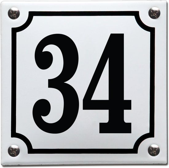 EmailleDesign® Emaille huisnummer wit/zwart nr. 34