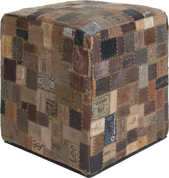Veer Carpets Poef Royal Labels - Bruin - Industrieel - Leer - 40x40x40 cm