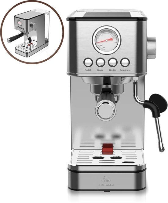 LunaSea s koffiemachine - pistonmachine - espressomachine - inclusief melkschuimer - compact - modern design 2023 zilver