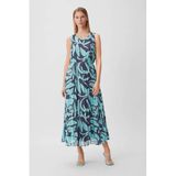 Comma robe imprimé feuilles et plissé - bleu foncé/bleu clair