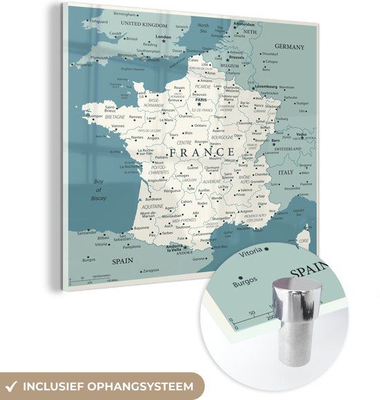 MuchoWow® Glass Painting 20x20 cm - Acrylic Glass Painting - Blue Map of France - Photo on Glass - Paintings