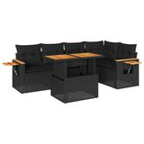vidaXL 6-delige Loungeset met Kussens, Poly Rattan, Acacia, Zwart