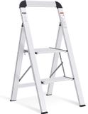 Escalier de jardin en aluminium, 2 marches, pliable, avec main courante, couleur argent