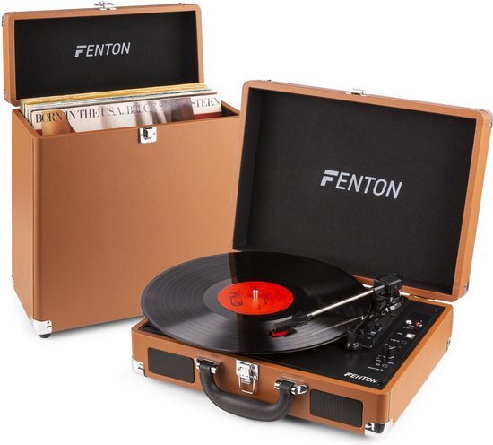 Fenton Platenspeler en platenkoffer - RP115F bruine Platenspeler met Bluetooth en bijpassende platenkoffer