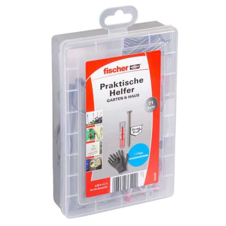 Fischer Praktische hulp tuin & huis, plugbox, 71-delig met schroeven & DUOPOWER pluggen (25 stuks 6 x 30, 15 stuks 8 x 40), universele set voor alle bevestigingen, incl. tuinhandschoenen
