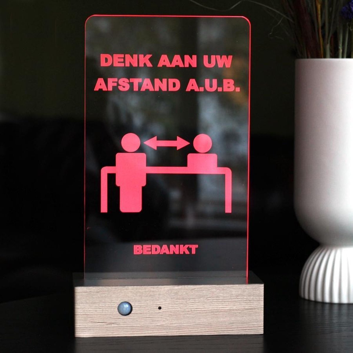 Care-control.nl Safe Distance Desk Stand (Corona / COVID-19), slimme afstandsmeter met LED en geluidssignaal, natuurhout motief