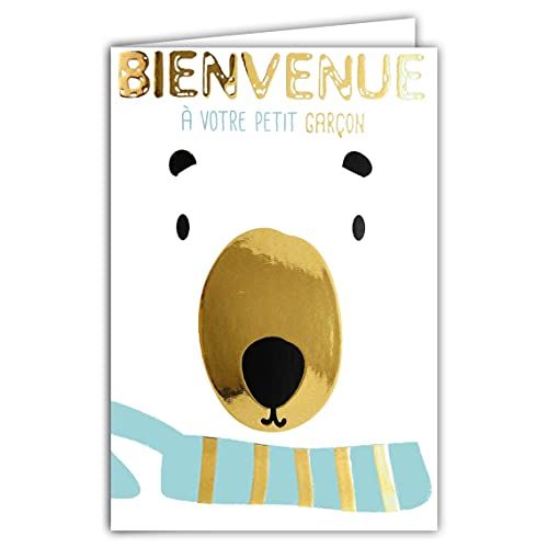 afie Kaart Welkom bij uw kleine jongens, geboorte, doop of doop, teddybeer, wit, blauw, goud, schattig, gemaakt in Frankrijk