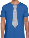 Bellatio Decorations Carnaval verkleed t-shirt - met zilveren glitter stropdas - blauw - voor heren - disco - glamour XL