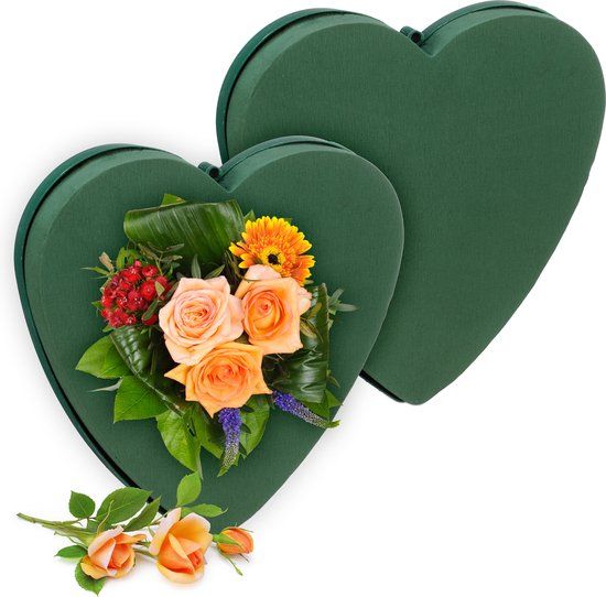 Merkloos Relaxdays Steekschuim Echte Bloemen - Set van 2 - Hartvormig - 26,5 x 26,5 x 4 cm - Groen