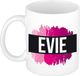 Bellatio Decorations Shoppartners Bv Evie naam cadeau koffie mok - beker - met roze verfstrepen - Cadeau collega - moederdag - verjaardag - juf - coach - 300 ml - wit