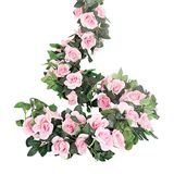 LESING Kunstrozenslinger, zijden rozen, met groene planten, om op te hangen, voor thuis, kantoor, tuinboog (7,8 m), 4 stuks (roze)